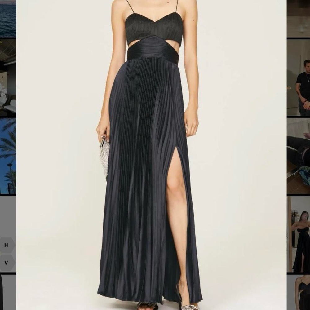 AMUR Elodie Satin Dark Navy & Black Colorblock Pleated Gown